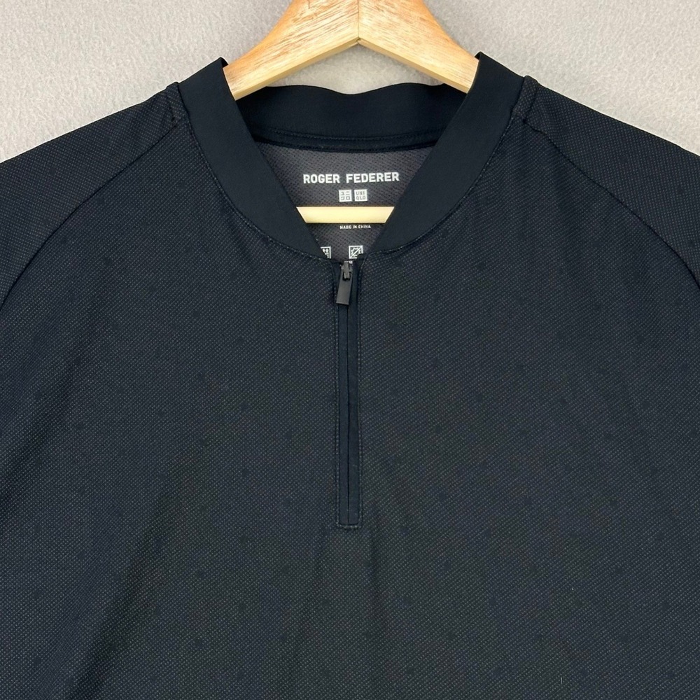 Roger Federer Uniqlo Zip Polo Shirt Mens L Black Dry-Ex Tennis Prep Blade Collar